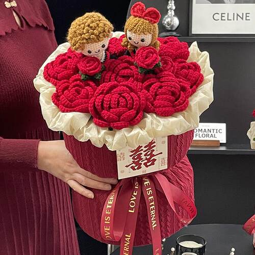 手工编织针织玫瑰花毛线永生手捧花束成品结婚送新人闺蜜朋友订婚