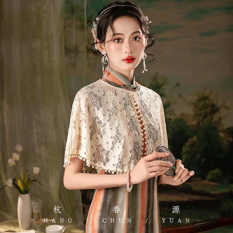 小清新文艺复古蕾丝披肩配旗袍活动礼仪宴会礼服外搭斗篷圆领披风