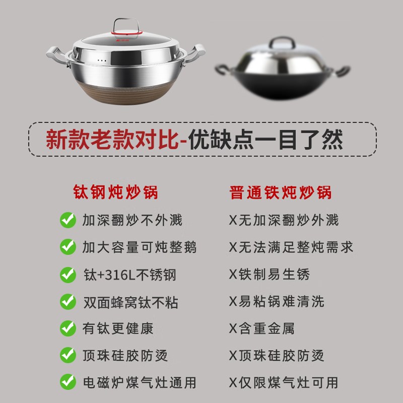 双耳316不锈钢炒锅钛不粘锅家用无涂层大锅电磁炉炒菜锅加深炖锅