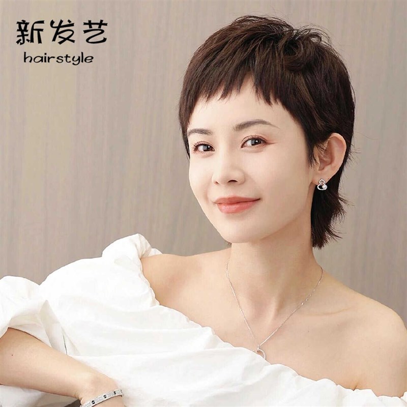 假发短发女新款狗啃刘海真发全真人发自然时尚超短发假发全头套女