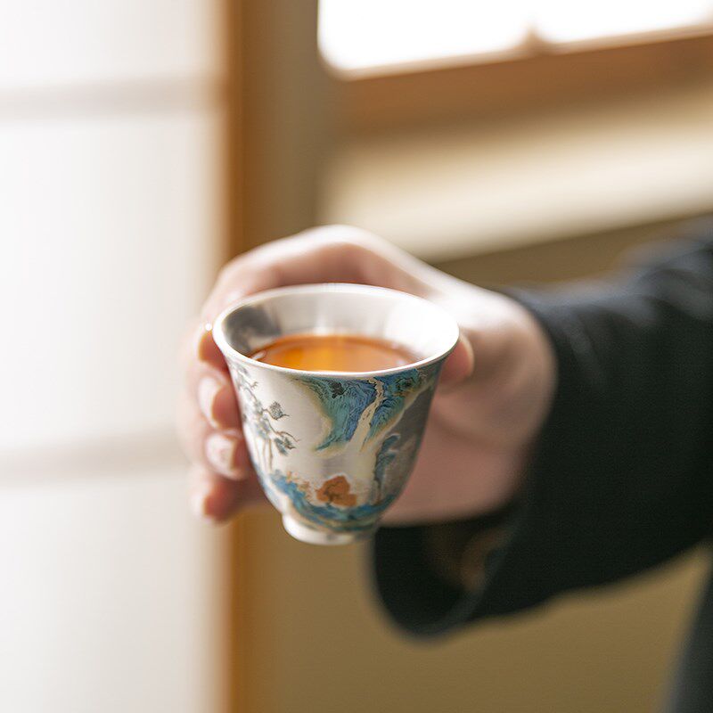 鎏银万里山河茶具套装家用中式陶瓷一壶两杯华丽内繁而不杂礼盒装