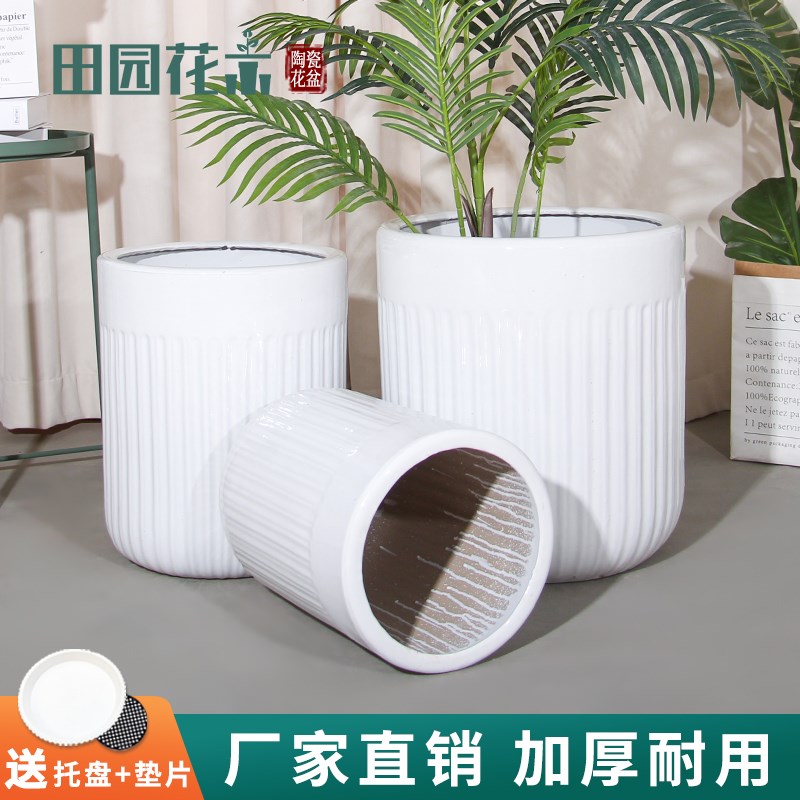 陶瓷特大花盆白色高档轻奢感圆柱直筒大口径种树绿植花卉客厅家用
