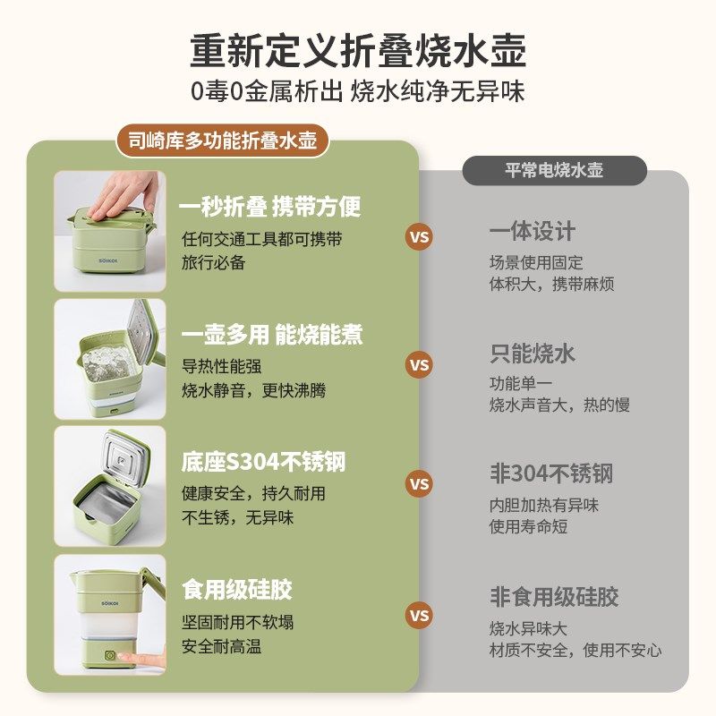 SOIKOI司崎库折叠电热水壶便携式烧水壶恒温旅行出差迷你不锈钢壶