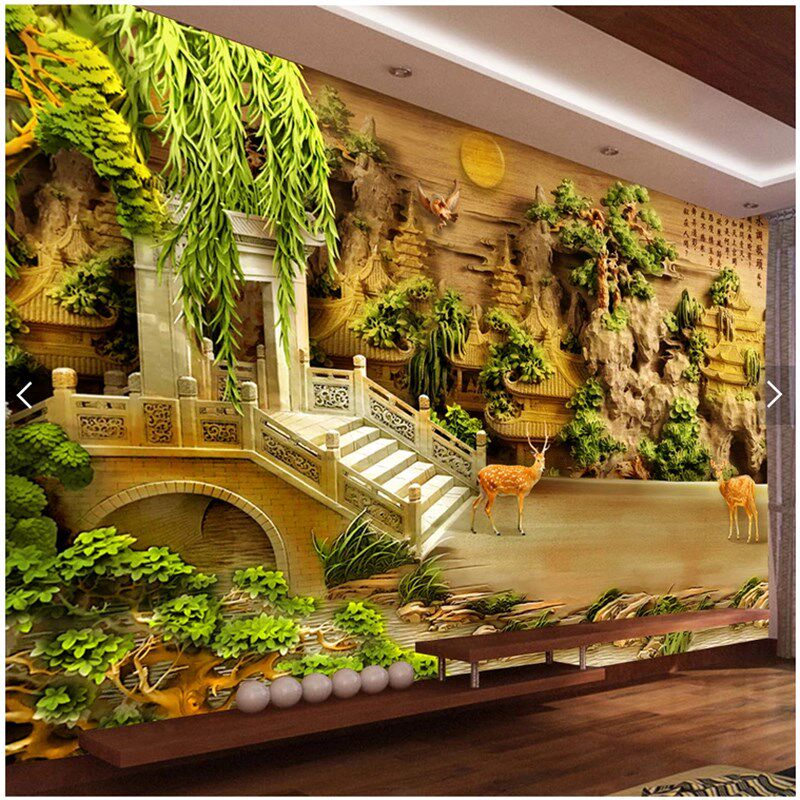 3D浮雕中式山水画风景办公室墙纸5d壁画客厅电视背景墙壁纸墙布