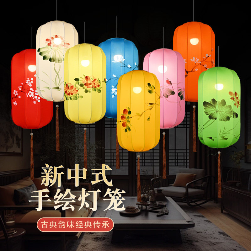 新中式吊灯中国风布艺手绘灯笼餐厅茶楼创意冬瓜长形布艺景区宫灯