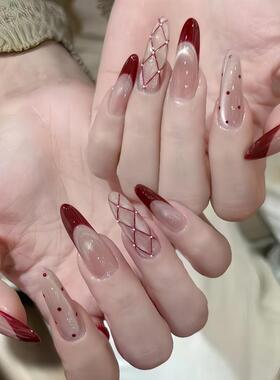 新年红美甲穿戴甲红色法式猫眼菱格波点秋冬新款高级美甲轻奢