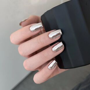 短款穿戴甲冰透银色爆闪电镀成品美甲贴片自然显白指甲贴片