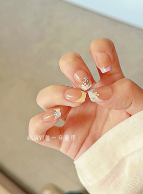 短甲夏季手绘花花美甲穿戴甲高级小清新氛围感显白温柔指甲贴片