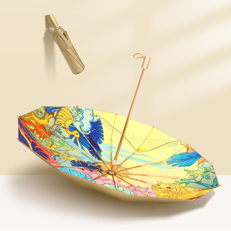 现货国潮三折手动雨伞钛金加大双层晴雨两用太阳伞防晒遮阳伞