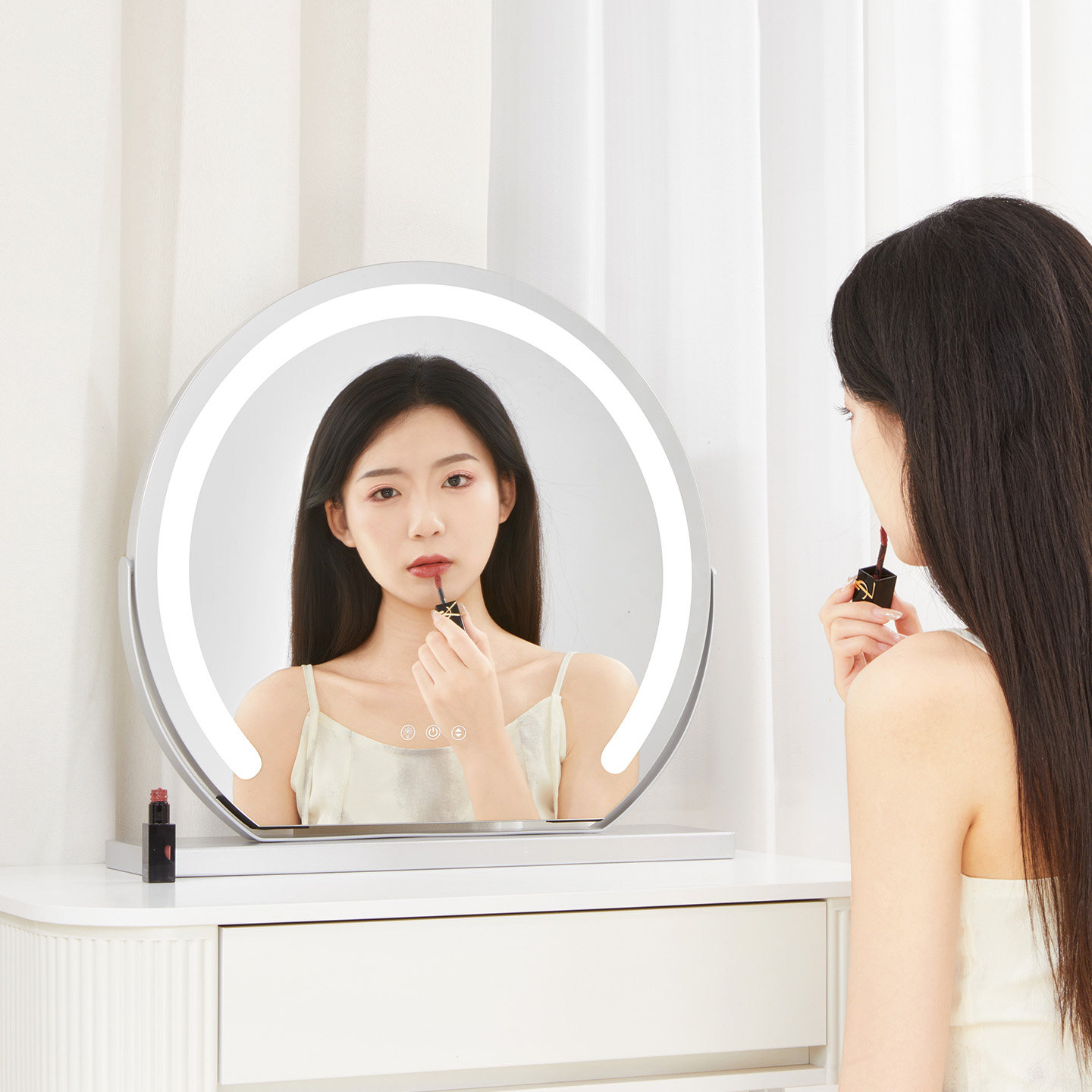 led智能化妆镜子带灯台式桌面大号旋转高清高级补光美妆简约卧室