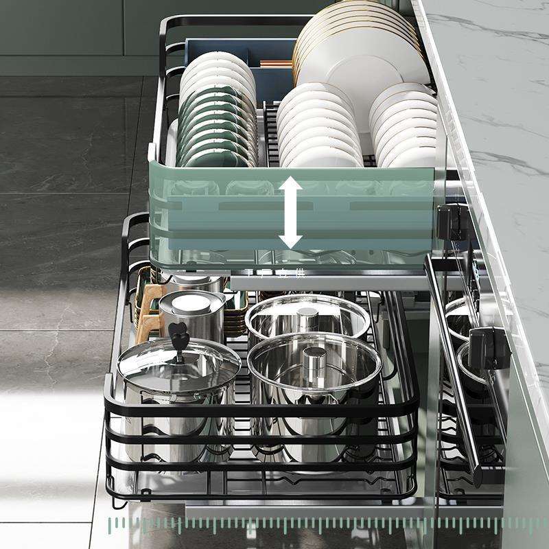 新款拉篮厨房橱柜双层调味碗碟柜内304不锈钢收纳碗架抽屉式碗篮