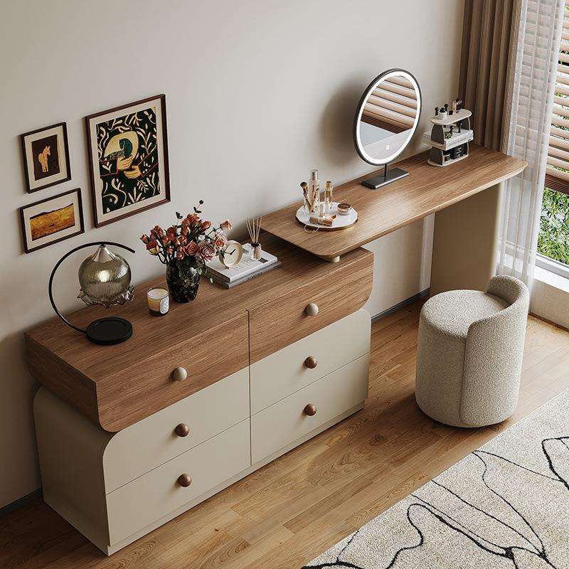 中古风奶油实木化妆桌梳妆台现代卧室简约斗柜飘窗复古床尾胡桃木