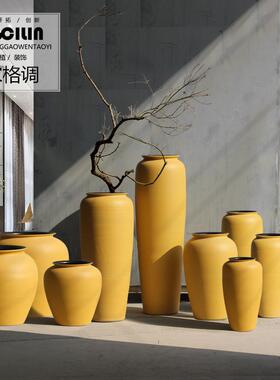黄色陶瓷大号落地花瓶陶罐酒店样板间餐厅摆件三件套坛子缸插花器