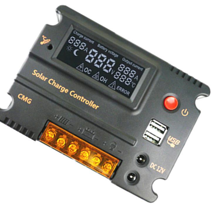 外贸英文CMG12V24V10A太阳能控制器带双DC口液晶背光太阳能充电器