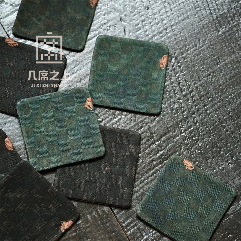 不亦室 几席之上 格纹香云纱绢丝手工复古杯垫布艺茶垫茶托隔热垫