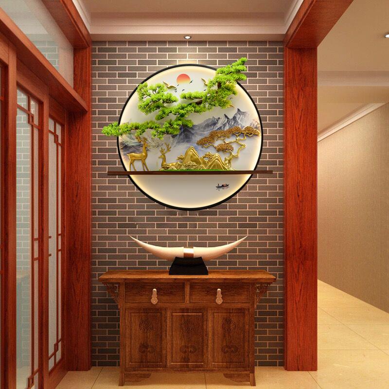 新中式玄关3d立体迎客松晶瓷画创意茶室墙面发光装饰画带led灯