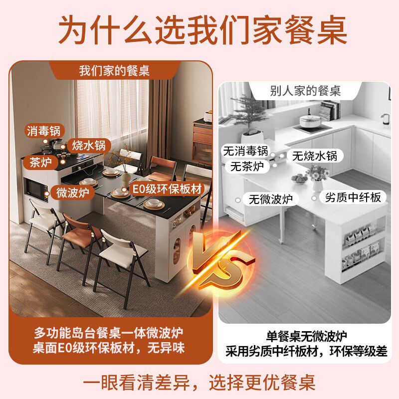 岩板餐桌可伸缩折叠长方形黑色2025新款小户型多功岛台餐桌一体