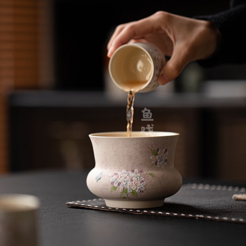 鱼戏手绘绣球花堆雕陶瓷建水洗水茶渣缸茶废水桶茶洗花瓶插花器