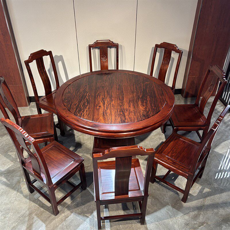 东阳聚宝盆红木餐桌巴西黑酸枝圆台黑金檀圆桌椅中式饭桌实木家俱