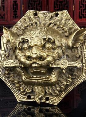 纯黄铜狮GTL咬剑牌铜狮头兽挂子件八卦镜虎头牌眦头睚吞口海神摆