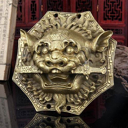 纯黄铜狮GTL咬剑牌铜狮头兽挂子件八卦镜虎头牌眦头睚吞口海神摆