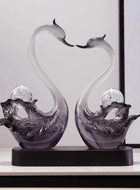 现代简约鹅一天对透明水晶摆件客厅玄酒柜轻奢高级感品装饰乔迁结