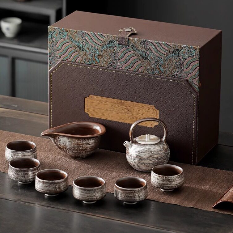 高档银茶具原矿粗陶功夫茶具家用粗陶镀金银盖碗茶壶可访问豪华礼