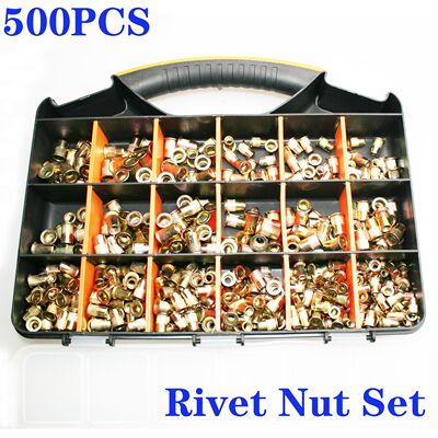 工厂500PCS盒装公英制拉铆螺母镀彩锌钢竖纹套装组合厂家货源