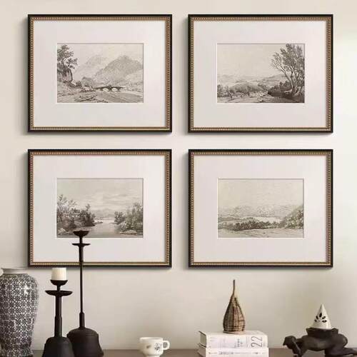 风景素描版画法式黑白复古客厅装饰画美式中古风餐厅玄关走廊挂画