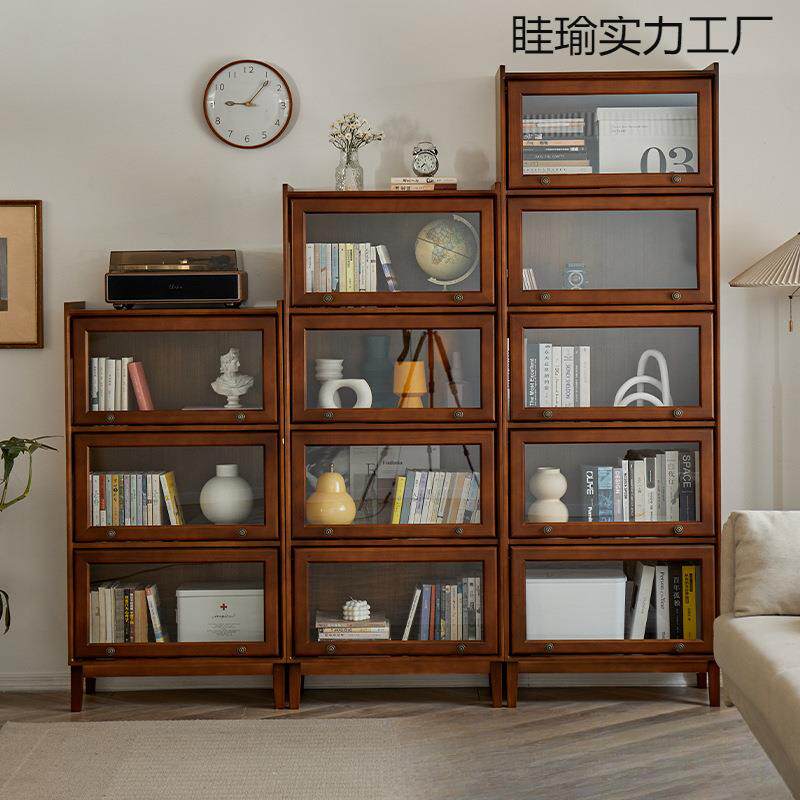 实木书架上翻门透明靠墙杂物柜子书房落地防尘展示柜儿童家用书柜