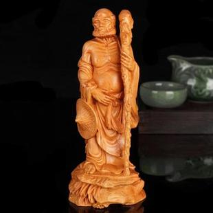 崖柏木雕禅杖达摩像摆件 达摩祖师实木雕刻家居客厅装饰工艺品