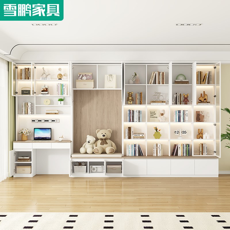 简约去客厅化书柜书桌一体满墙沙发卡座储物展示柜书架定制6F79