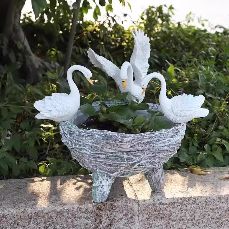创意阳台装饰可爱天鹅园林水培花盆水仙花铜钱庭院花园树脂摆件代
