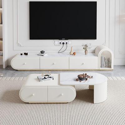 奶油风电视柜客厅家用简约现代小户型新款落地伸缩电视柜茶几组合