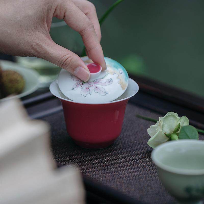 无落丨胭脂红手绘盖碗釉下粉彩塘韵泡茶碗茶室文人茶空间手抓碗家,鲜花速递/花卉仿真/绿植园艺,割草机/草坪机,淘宝优惠券,粉丝福利购,淘宝优惠卷