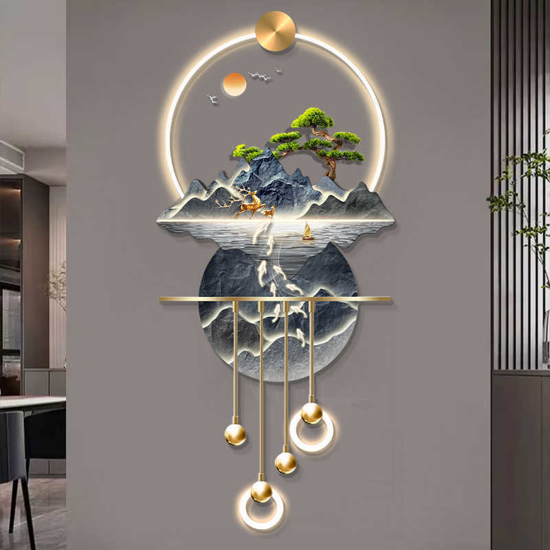 流水生财玄关装饰画山水高档立体LED壁灯新中式入户走廊过道挂画图片