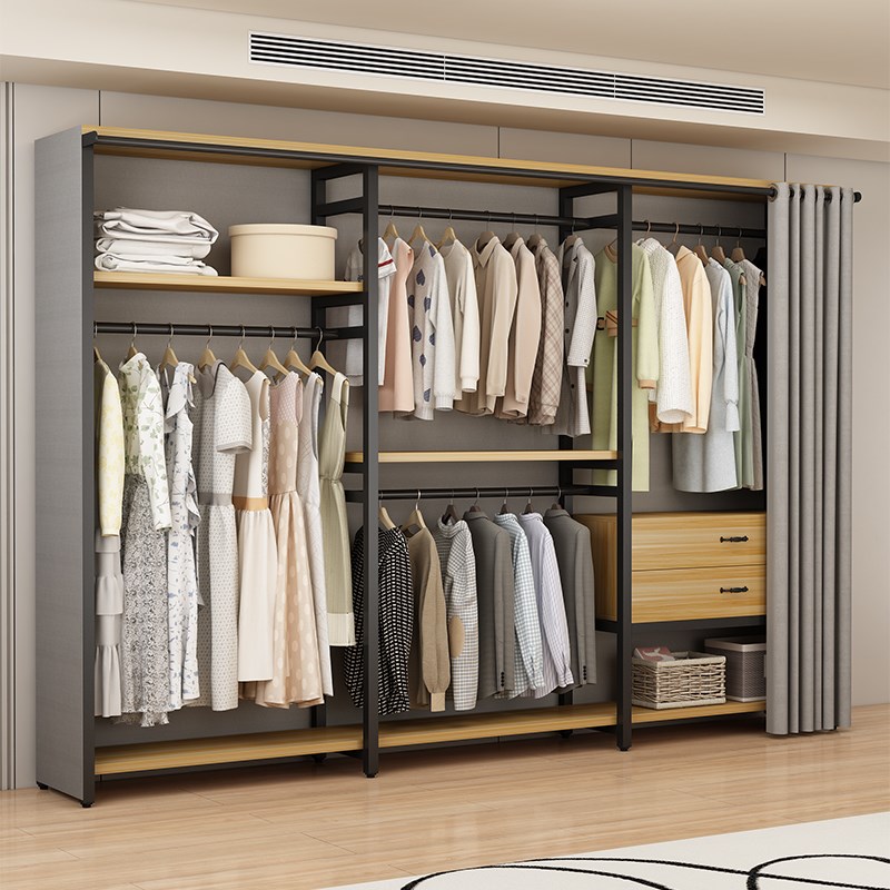 衣帽架落地组合衣柜卧室家用防尘挂衣架金属衣帽间V架子置物架一