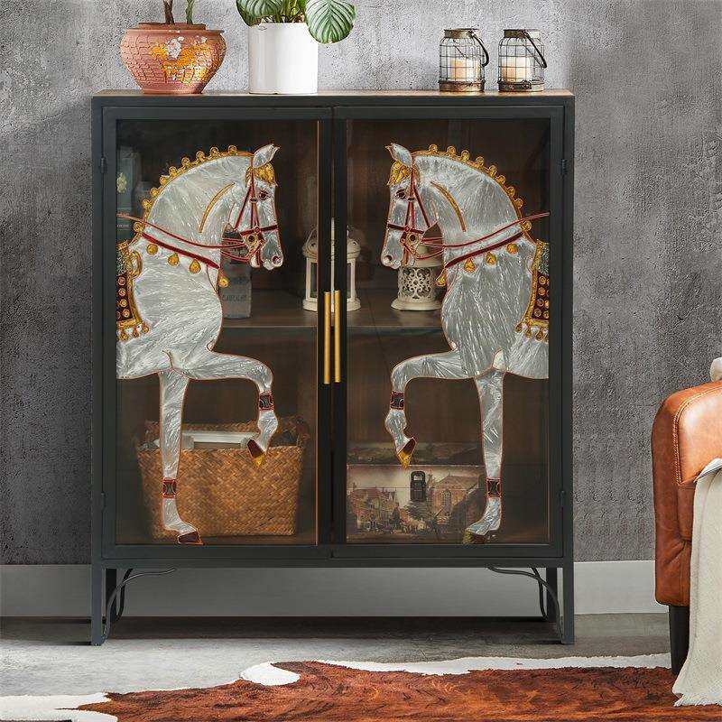 法式玻璃彩绘白马花卉玻璃柜门厅客厅储物收纳柜黑色铁艺框架家具