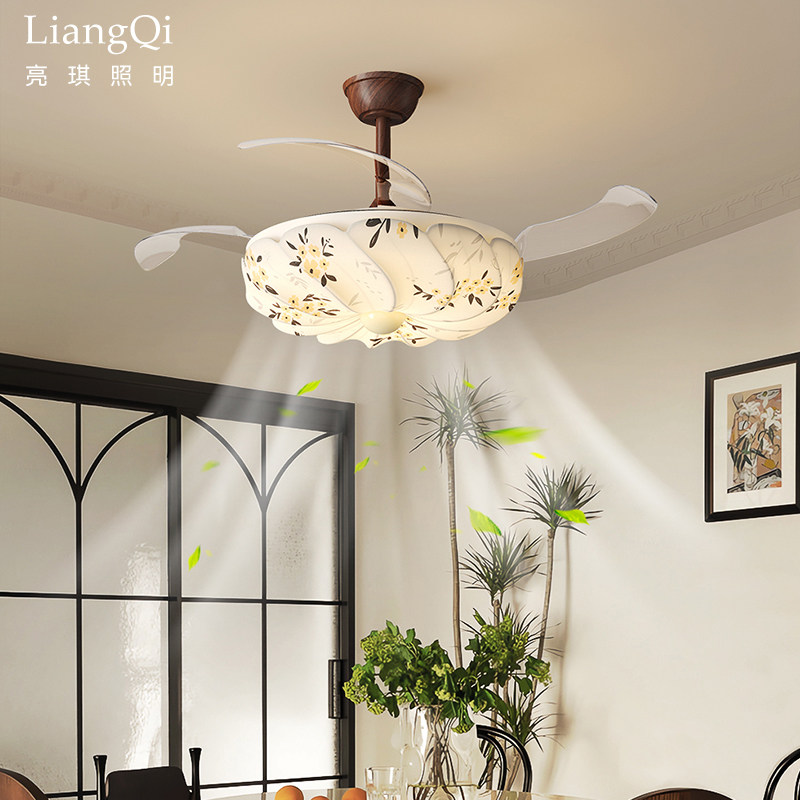 法式中古风隐形风扇灯宋代美学护眼餐厅吊灯中式主卧室布艺房间灯,家装灯饰光源,餐厅/卧室/书房吸顶灯,淘宝优惠券,粉丝福利购,淘宝优惠卷