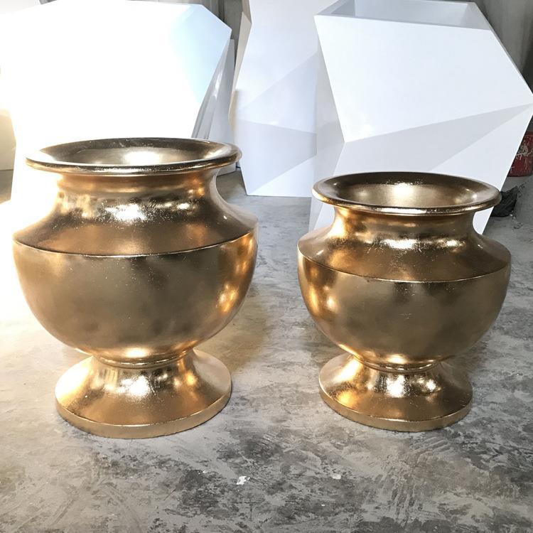 出口款金箔色玻璃钢落地花瓶 酒店公司前 台家居客厅婚庆花艺摆设