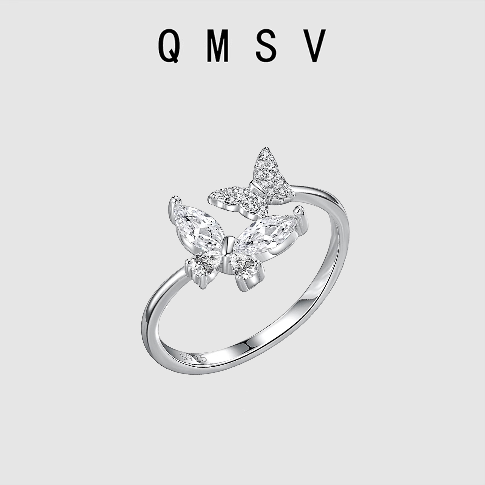 S925纯银轻奢小众闪钻蝴蝶戒指