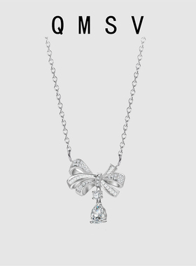 S925纯银蝴蝶结水滴轻奢项链女