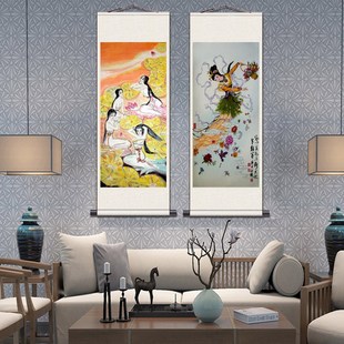 仕女图人物工笔画挂画唐朝古代美女乐器古风居家客厅装饰丝绸卷轴