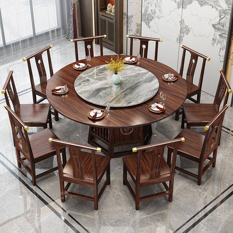 新中式实木餐桌大圆桌米吃饭桌子带岩板转盘饭店圆餐桌乌金木