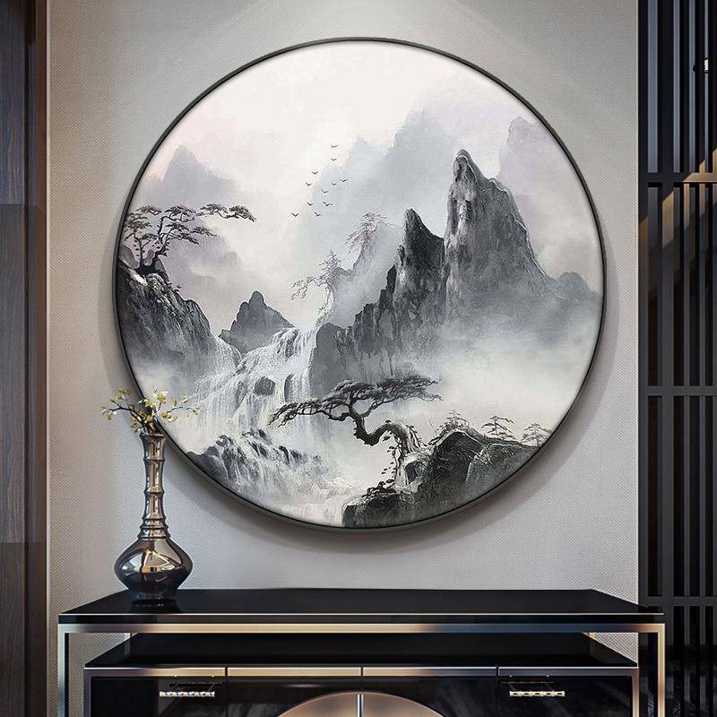 手绘油画圆形玄关装饰画新中式客厅壁画山水风景走廊过道手工肌理图片