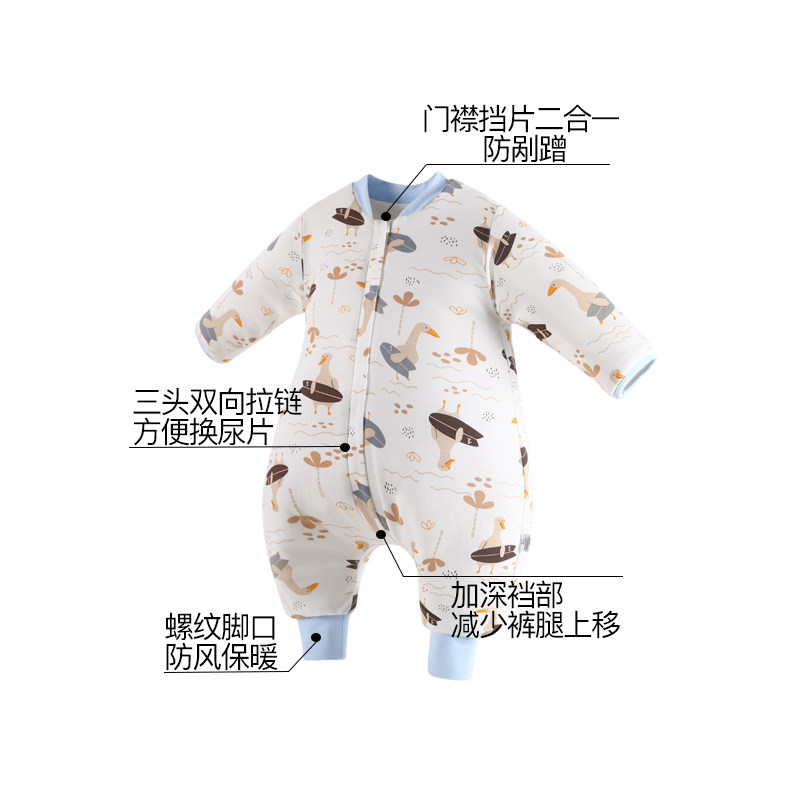 婴儿睡袋秋冬夹h棉宝宝分腿防踢被新生儿连体衣儿童拉链式长袖加