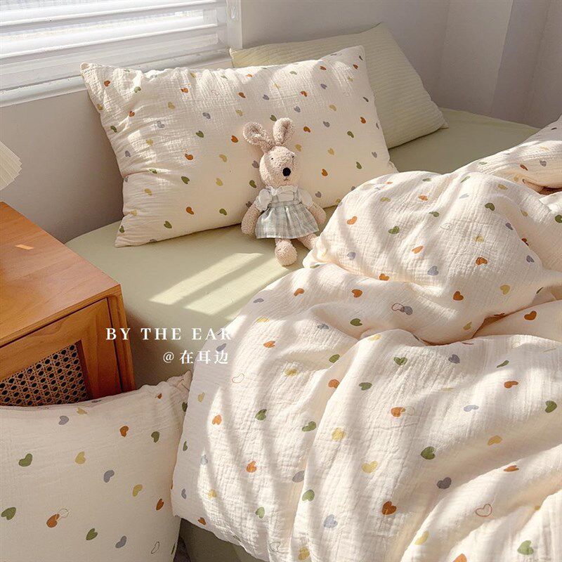 小清新简约爱心少女心双层皱皱纱床上四件套1L.8m被套床单纯棉床