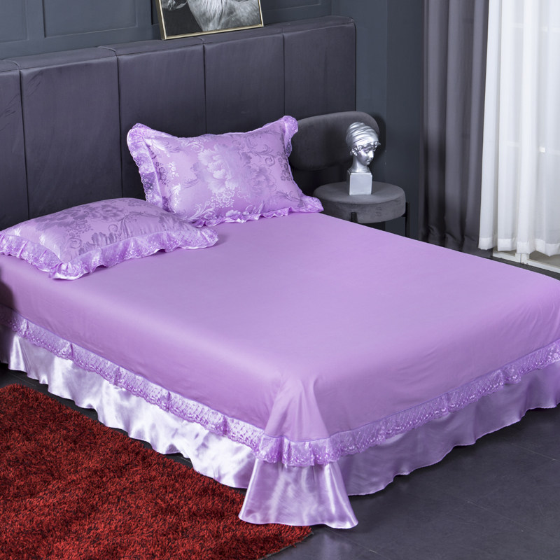 蕾丝韩版纯棉婚庆床单单件 全棉花边公主纯色R床罩被单绸缎边定制