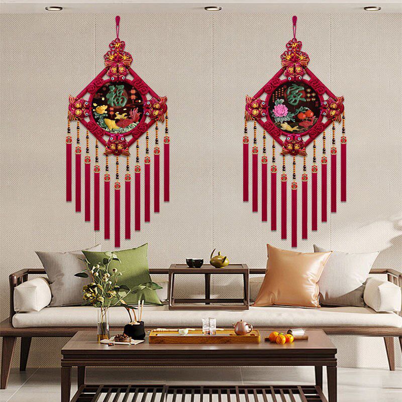 新款仿玉雕中国结l挂件贵妃红菱形客厅背景墙玄关挂饰高贵装饰品
