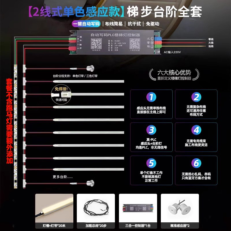 三色变光网红楼梯灯楼梯感应灯自建房别墅踏R步灯带流水梯步灯